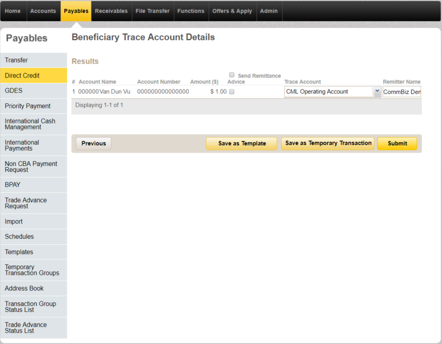 Direct Credit payment CommBank